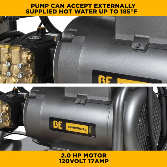 BE Pressure X-1520FW1GENH 1,500 PSI 2.0 GPM 2.0 HP Wall Mount Electric Hot Water Pressure Washer with a Baldor Motor and General Triplex Pump