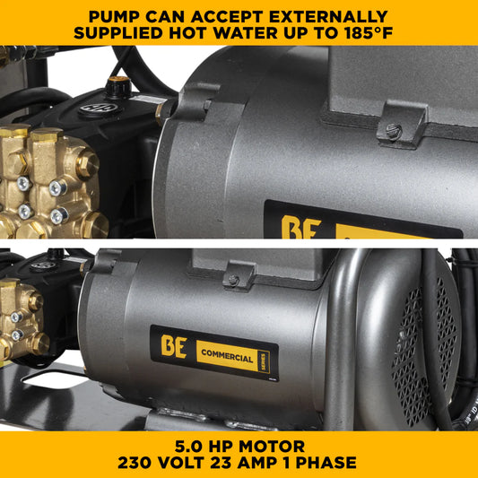 BE Pressure X-2050FW1GENHT 2,000 PSI 4.0 GPM 5.0 HP Wall Mount Electric Hot Water Pressure Washer with a Baldor Motor and General Triplex Pump