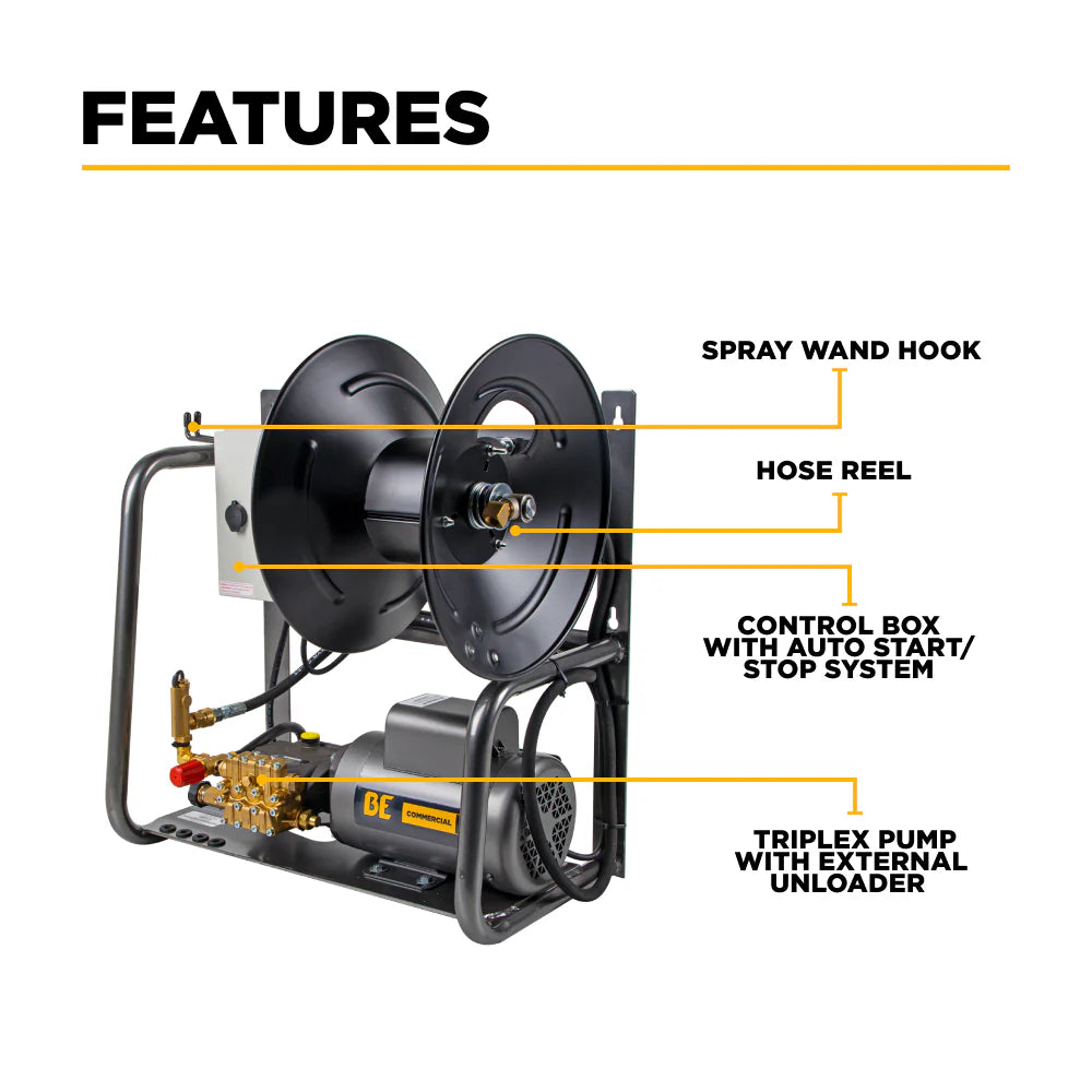 BE Pressure X-1520FW1GENH 1,500 PSI 2.0 GPM 2.0 HP Wall Mount Electric Hot Water Pressure Washer with a Baldor Motor and General Triplex Pump