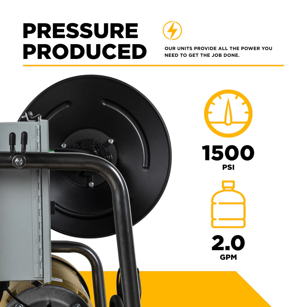 BE Pressure X-1520FW1GENH 1,500 PSI 2.0 GPM 2.0 HP Wall Mount Electric Hot Water Pressure Washer with a Baldor Motor and General Triplex Pump