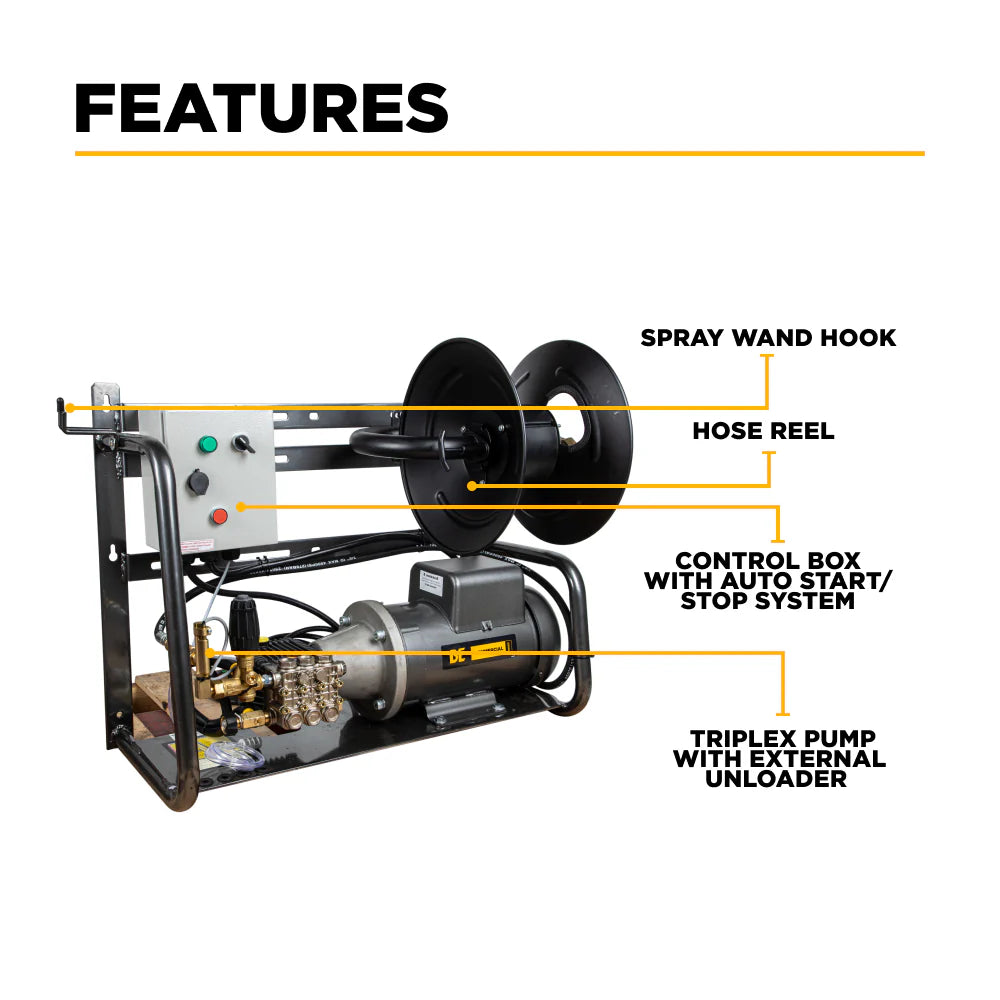 BE Pressure X-2050FW1GENHT 2,000 PSI 4.0 GPM 5.0 HP Wall Mount Electric Hot Water Pressure Washer with a Baldor Motor and General Triplex Pump