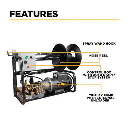 BE Pressure X-2050FW1GENHT 2,000 PSI 4.0 GPM 5.0 HP Wall Mount Electric Hot Water Pressure Washer with a Baldor Motor and General Triplex Pump