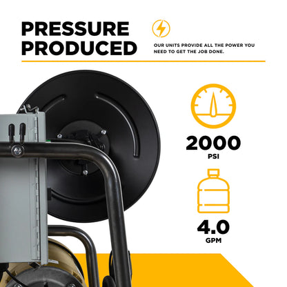 BE Pressure X-2050FW1GENHT 2,000 PSI 4.0 GPM 5.0 HP Wall Mount Electric Hot Water Pressure Washer with a Baldor Motor and General Triplex Pump